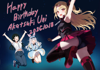 3girls :d ^_^ akatsuki_uni animal_ears armpits arms_up artist_self-insert ass black_boots black_dress black_gloves black_hair black_panties black_thighhighs blonde_hair blue_background blue_bow blue_dress blue_pants blue_shoes blush boots bow buttons character_name closed_eyes clothes_writing collared_dress colored_shoe_soles commentary commentary_request curtained_hair dated denim double-breasted dress english_commentary english_text fang floating_clothes from_side gloves grey_hair hair_bow hair_ornament hairclip hands_up happy_birthday highres jeans jumping layered_dress lips long_hair long_sleeves looking_at_viewer looking_to_the_side low_block_heels mixed-language_commentary mizumizu855481 mochizuki_himari multicolored_hair multiple_girls navel open_mouth orange_eyes original panties pants pleated_dress rabbit_ears rabbit_girl red_dress shirt shoes short_dress short_sleeves sidelocks sleeveless sleeveless_dress smile streaked_hair t-shirt thighhighs turning_head two-tone_hair two_side_up underwear uni_create virtual_youtuber white_panties white_shirt