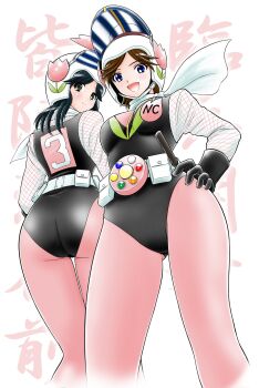 Rule 34 | 2girls, ass, bandana, bandana around neck, belt, belt pouch, black bodysuit, black eyes, black gloves, black hair, blue eyes, bodysuit, breasts, brown hair, closed mouth, commentary request, feet out of frame, fishnet sleeves, fishnets, from below, gloves, hana nin captor 3, hand on own hip, helmet, highres, looking at viewer, looking back, looking down, medium breasts, medium hair, motorcycle helmet, multicolored bodysuit, multiple girls, ninja captor, okano takeshi, open mouth, pink bodysuit, pouch, sakurakouji maria, short hair, smile, standing, tendou miki, thighs, tokusatsu, two-tone bodysuit, white bandana, white belt