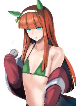 1girl absurdres animal_ears bikini bikini_under_clothes blue_eyes commentary_request ear_covers flat_chest green_bikini hair_over_shoulder hairband hand_up highres hime_cut horse_ears jacket jacket_over_swimsuit kanikama25 long_hair long_sleeves open_clothes open_jacket orange_hair parted_lips silence_suzuka_(umamusume) simple_background sleeves_past_wrists smile solo stomach sweat swimsuit track_jacket umamusume upper_body very_long_hair white_hairband