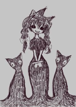 absurdres animal_ears black_cat bound bound_wrists bow braid cat cat_ears evil_grin evil_smile grey_background grin hair_bow head_tilt highres hollow_eyes impressionism kaenbyou_rin monochrome no_eyebrows omaega_chan out_of_frame smile straight-on touhou twin_braids