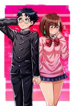1boy 1girl ayase_momo black_choker black_hair blush bow bowtie breasts brown_eyes brown_hair choker crossed_bangs dandadan earrings gakuran glasses hair_behind_ear hair_between_eyes highres holding_hands jacket jewelry kami_high_school_uniform long_sleeves loose_bowtie maroonabyss pink_sweater red_bow red_bowtie round_eyewear school_uniform shirt_under_sweater short_hair skirt sweater takakura_ken_(dandadan)