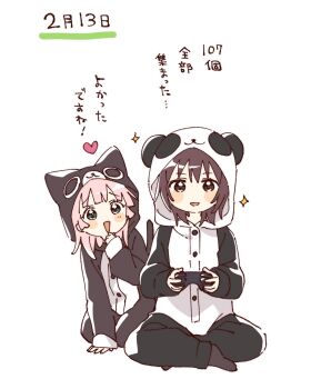 2girls :d animal_costume animal_hood black_socks blush_stickers brown_eyes brown_hair buttons cat_hood controller full_body funami_yui game_controller green_eyes hashtag-only_commentary heart highres holding holding_controller holding_game_controller hood hood_up long_sleeves multiple_girls namori open_mouth panda_costume pink_hair short_hair simple_background sitting smile socks sparkle translation_request white_background yoshikawa_chinatsu yuruyuri
