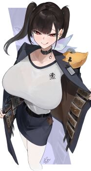 1girl absurdres black_choker black_coat blue_skirt bra_visible_through_clothes breasts brown_hair choker coat condom curvy earrings goddess_of_victory:_nikke highres jewelry kajuu large_breasts looking_at_viewer pantyhose red_eyes shirt short_twintails signature single_earphone skirt smile snake_earrings solo sora_(nikke) tongue tongue_out twintails white_pantyhose white_shirt wireless_earphones