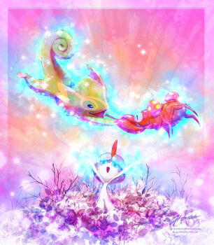 Rule 34 | alternate color, closed eyes, commentary, deviantart username, english commentary, floating, gen 1 pokemon, gen 3 pokemon, glowing, glowing eyes, highres, joannazelle, kecleon, nintendo, no humans, open mouth, paras, pokemon, pokemon (creature), pokemon focus, ralts, shiny pokemon, signature, smile, sparkle, telekinesis, tumblr username, watermark, web address