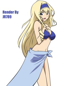 1girl bikini blonde_hair blue_bikini blue_eyes breasts cecilia_alcott cleavage drill_hair hairband hands_on_own_chest highres infinite_stratos large_breasts legs long_hair looking_at_viewer navel open_mouth sarong smile solo swimsuit thighs tongue
