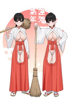 2girls absurdres black_hair blue_eyes bow breasts broom clothing_cutout commentary_request crotch_cutout fffukuzawa full_body green_eyes hakama hakama_skirt highres holding holding_behind_back holding_broom japanese_clothes kimono large_breasts long_hair looking_at_viewer miko multiple_girls original panties red_bow red_skirt skirt skirt_bow standing thighs underwear white_kimono white_panties wide_sleeves