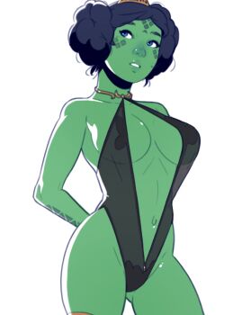 1girl alien black_hair black_one-piece_swimsuit blue_eyes breasts center_opening colored_skin dave_cheung green_skin highres looking_to_the_side medium_breasts mirialan navel one-piece_swimsuit short_hair simple_background star_wars swimsuit white_background yara_larso_(dave_cheung)