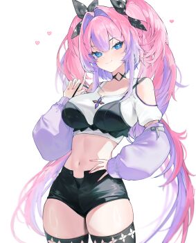 1girl absurdres bare_shoulders black_choker black_shirt black_shorts black_thighhighs blue_eyes breasts choker closed_mouth clothing_cutout commentary_request crop_top detached_sleeves gurami_(zangizarang) hair_intakes hair_ribbon highres hololive hololive_dev_is kikirara_vivi large_breasts long_hair looking_at_viewer midriff multicolored_hair navel open_fly pink_hair purple_hair ribbon shirt short_shorts short_sleeves shorts shoulder_cutout simple_background skindentation smile solo spaghetti_strap star-shaped_pupils star_(symbol) stomach strap_pull symbol-shaped_pupils thighhighs thighs twintails two-tone_hair very_long_hair virtual_youtuber white_background white_shirt