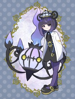 1girl belt black_dress black_hair blunt_bangs bob_cut chandelure closed_mouth coat dress fire gen_5_pokemon gradient_hair gradient_pantyhose gwynn_(pokemon) hat highres long_sleeves looking_at_viewer mega_stone multicolored_hair nintendo o-ring o-ring_belt open_clothes open_coat pantyhose pokemon pokemon_(creature) pokemon_legends:_z-a purple_eyes purple_fire purple_hair saki_pokeoekaki short_hair smile white_coat yellow_eyes