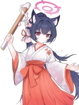 Rule 34 | 1girl, absurdres, animal ear fluff, animal ears, black hair, blue archive, cat ears, hakama, hakama skirt, halo, highres, japanese clothes, kimono, long hair, looking at viewer, miko, official alternate costume, official alternate hairstyle, petal print, pink halo, ponytail, red eyes, red hakama, serika (blue archive), serika (new year) (blue archive), skirt, solo, user prdj5754, very long hair, white background, white kimono, wide sleeves