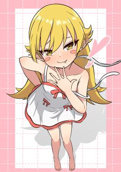 Rule 34 | 1girl, absurdres, blonde hair, blush, blush stickers, collarbone, commentary request, dress, fang, full body, furrowed brow, grid background, hair flaps, hand to own mouth, highres, long hair, looking at viewer, monogatari (series), oshino shinobu, pink background, shadow, smile, solo, two-tone background, white background, white dress, yellow eyes, yoshikirino
