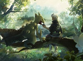 1boy blurry blurry_foreground closed_mouth commentary_request day drayton_(pokemon) gen_2_pokemon gen_3_pokemon gen_4_pokemon highres holding hoothoot jacket looking_at_another male_focus multicolored_hair nintendo outdoors pachirisu pokemon pokemon_(creature) pokemon_sv ringorowasabi sceptile shoes sitting smile sparkle streaked_hair water watermark white_footwear white_hair wooper