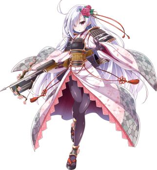 1girl ahoge akaneya armor arrow_(projectile) black_gloves black_pantyhose bowgun breastplate eyes_visible_through_hair flower full_body gloves hair_flower hair_ornament hair_over_one_eye holding holding_weapon long_hair official_art oshiro_project:re oshiro_project:re pantyhose quiver red_eyes shirakawa_komine_(oshiro_project) transparent_background very_long_hair weapon white_hair