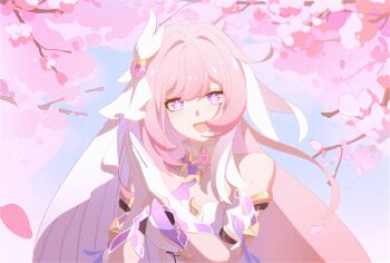 1girl animated animated_gif blue_sky breasts cherry_blossoms chinese_commentary commentary_request diamond-shaped_pupils diamond_(shape) elysia_(herrscher_of_human:_ego)_(honkai_impact) elysia_(honkai_impact) falling_petals gloves honkai_(series) honkai_impact_3rd large_breasts long_hair looking_at_viewer miyoushe_watermark moxiyiyizi open_mouth own_hands_together petals pink_hair purple_eyes sky solo symbol-shaped_pupils triquetra upper_body veil very_long_hair watermark white_gloves white_veil