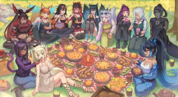 1boy 6+girls animal_ear_fluff animal_ears aqua_vest ardora_(spartosmindset) bandaged_foot bandages black_hair black_horns black_shirt blonde_hair blue_bow blue_eyes blue_hair blue_jacket blue_pants blue_skin blue_tail blunt_bangs blunt_sidelocks boned_meat bow bowl breasts burger cat_ears cat_girl cat_tail catyla_(bird8700) character_request chopsticks cleavage collared_shirt colored_skin commentary commission cup dark-skinned_female dark_skin dress eating ema_(shipsinfloat) english_commentary eyewear_on_head feeding finaen_(amfinaen) final_fantasy final_fantasy_xiv food fox_ears fox_girl fox_tail french_fries fruit glasses gradient_hair gradient_tail grass green_eyes green_pants green_tea grey_hair grey_skin grey_tail hair_bow hair_over_one_eye heterochromia high_heels highres holding holding_bowl holding_burger holding_chopsticks holding_food holding_spoon horns indian_style jacket kirih_shiraishi_(sword_scream) large_breasts lion_ears lion_girl lion_tail long_hair makizushi mandarin_orange meat midriff miqo&#039;te miso_soto0610 multicolored_hair multicolored_skin multiple_girls noodles o&#039;sha_(ltxaesthetic) off_shoulder open_clothes open_jacket orange-tinted_eyewear orange_hair orange_jacket orange_tail original pants picnic picnic_blanket pointy_ears ponytail purple_eyes purple_hair purple_jacket purple_streaks purple_tail rabbit_ears rabbit_girl ramen red_hair rei_(freezeflamefox) reiha_w._kresnik_(reizeeb) rock sandals seiza sera_(judgemint) shirt sidelocks single_bare_shoulder sitting sleeveless sleeveless_dress sleeveless_jacket smile spoon sushi tail tank_top tea teacup teapot tinted_eyewear tree tsubaki_(powercrasher2) two-tone_skin v-shaped_eyebrows very_long_hair vest vivian_grimelka_(siverstorm) warrior_of_light_(ff14) white_shirt white_tank_top