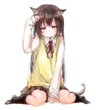 Rule 34 | 1girl, animal ears, bad id, bad pixiv id, black hair, black thighhighs, blush, bow, bowtie, cat ears, cat girl, cat tail, collar, frown, hand on own head, k-on!, kirisawa saki, long hair, looking at viewer, low twintails, nakano azusa, no shoes, red eyes, sakuragaoka high school uniform, school uniform, shirt, sitting, skirt, solo, tail, thighhighs, twintails, wariza, white background, white shirt, yellow shirt