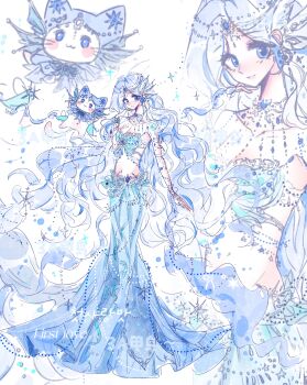 1girl aaa_ya_tou_pifa_shang absurdres animal bare_shoulders beads bikini blue_bikini blue_eyes blue_gem blue_hair blue_skirt breasts cat chinese_commentary circlet cleavage closed_mouth clothed_animal commentary_request commission eyelashes fins floating forehead_jewel full_body gem hair_beads hair_ornament hand_on_own_cheek hand_on_own_face happy head_fins highres infinity_nikki jewelry lips long_hair long_skirt mermaid_costume momo_(nikki) necklace nikki_(series) official_alternate_costume pink_lips pleated_skirt sample_watermark skirt small_breasts smile snowy_ballad_(infinity_nikki) sparkle standing stomach swimsuit very_long_hair watermark wavy_hair white_background white_cat zoom_layer