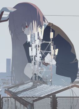 1girl absurdres animal_ears black_jacket black_socks building city cloud cloudy_sky commentary_request fence from_side giant giantess grey_hair grey_sky hands_on_own_cheeks hands_on_own_face highres jacket kneehighs light_blush long_hair long_sleeves necktie outdoors pleated_skirt power_lines rabbit_ears rabbit_girl red_eyes red_necktie reisen_udongein_inaba shirt skirt sky socks solo squatting touhou very_long_hair white_shirt white_skirt zhihuaiqiang