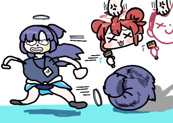 1boy 2girls anger_vein blue_archive commentary_request doodle_sensei_(blue_archive) double_bun gym_shirt gym_uniform hair_bun halo jazz_jack lanyard long_hair maki_(blue_archive) meme multiple_girls official_alternate_costume punching purple_hair red_hair red_halo rolling sanic sensei_(blue_archive) shirt sonic_(series) sticker tongue tongue_out white_background x_x yuuka_(blue_archive) yuuka_(track)_(blue_archive)