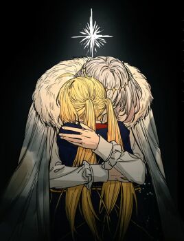 1boy 1girl ahoge artoria_caster_(fate) artoria_caster_(second_ascension)_(fate) artoria_pendragon_(fate) black_background blonde_hair cape commentary_request diamond_hairband fate/grand_order fate_(series) fur-trimmed_cape fur_trim grey_hair hug long_hair long_sleeves medium_hair oberon_(fate) oberon_(second_ascension)_(fate) shirt twintails upper_body yuqi28085232