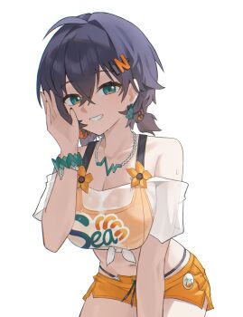 1girl belle_(summer_skies)_(zenless_zone_zero) belle_(zenless_zone_zero) blue_hair breasts cowboy_shot crop_top green_eyes grin hair_ornament highres large_breasts letter_hair_ornament midriff navel no_headwear noir_(noir_reveur) official_alternate_costume one_eye_closed orange_shorts see-through_clothes see-through_shirt shirt shorts smile solo tied_shirt white_shirt zenless_zone_zero