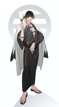 1boy adam&#039;s_apple black_hair black_kimono facial_hair full_body goatee_stubble hair_between_eyes hand_fan highres holding holding_fan holding_smoking_pipe japanese_clothes kimono male_focus nagasone_kotetsu ncww_rinichi open_mouth pectoral_cleavage pectorals sandals short_hair smoking_pipe solo stubble toenails touken_ranbu yellow_eyes