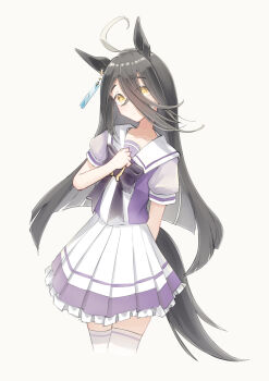 Rule 34 | 1girl, absurdres, ahoge, animal ears, black hair, blush, bow, bowtie, closed mouth, ear tag, earrings, hair between eyes, highres, horse ears, horse girl, horse tail, jewelry, long bangs, long hair, long hair between eyes, manhattan cafe (umamusume), multicolored hair, pleated skirt, puffy short sleeves, puffy sleeves, purple bow, purple bowtie, purple shirt, re1m1, sailor collar, sailor shirt, school uniform, shirt, short sleeves, simple background, single earring, skirt, solo, tail, thighhighs, tracen school uniform, umamusume, very long hair, white hair, white sailor collar, white skirt, white thighhighs, yellow eyes