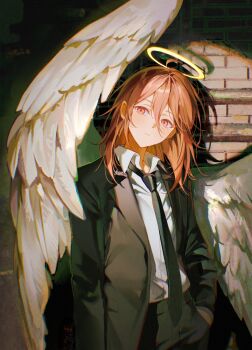 1boy absurdres angel_devil_(chainsaw_man) black_jacket black_necktie black_pants blush chainsaw_man closed_mouth collared_shirt feathered_wings hair_between_eyes halo hand_in_pocket highres jacket long_hair looking_at_viewer necktie pants pink_eyes pink_hair pong_(pong_o0) shirt sidelocks solo white_shirt white_wings wings yellow_halo