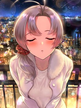 1girl antenna_hair cityscape coat commission facing_viewer grey_hair hair_ornament hair_over_shoulder hair_scrunchie highres incoming_kiss isasin929 kantai_collection kinugasa_(kancolle) kinugasa_kai_ni_(christmas)_(kancolle) night pixiv_commission railing red_scrunchie scrunchie shirt solo upper_body white_coat white_shirt