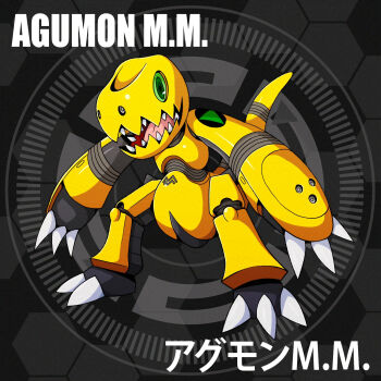 Rule 34 | agumon, circle, d sandy, digimon, flcl, green eyes, highres, robot, sharp teeth, tail, teeth, tongue