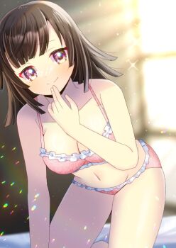 1girl blurry blurry_background bra breasts brown_eyes cleavage commentary_request commission frilled_panties frills kou_hiyoyo large_breasts medium_breasts monogatari_(series) navel panties pink_bra pink_panties sengoku_nadeko skeb_commission smile solo underwear underwear_only