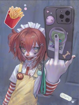 1girl blood blood_on_clothes blood_on_face blood_on_mouth cellphone clown_makeup commentary crossed_bangs food french_fries green_eyes hair_between_eyes hair_ornament highres holding holding_phone layered_sleeves long_sleeves looking_at_viewer maid_headdress makeup mcdonald's mdm4 middle_finger open_mouth original overalls phone red_hair selfie shirt short_over_long_sleeves short_sleeves smartphone smile solo symbol-only_commentary upper_body white_shirt x_hair_ornament yellow_overalls