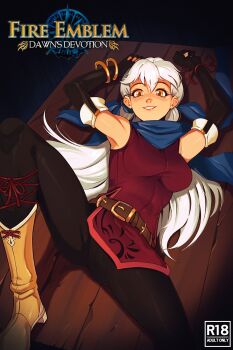 1girl armpits arms_up belt black_gloves black_thighhighs blue_scarf breasts elbow_gloves fingerless_gloves fire_emblem fire_emblem:_radiant_dawn gloves grin highres lying medium_breasts micaiah_(fire_emblem) nintendo on_back on_table orange_eyes scarf second-party_source smile spread_legs table thighhighs timbocactus white_hair