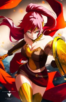 1girl breasts circlet cleavage elbow_gloves forehead_protector gloves green_eyes highres javelin_(spear) large_breasts long_hair looking_at_viewer milo_and_akouo ponytail pyrrha_nikos red_hair ridd-li rwby shield smile solo