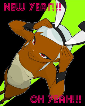 1girl animal_ears black_background black_eyeshadow black_shoes chinese_zodiac collarbone dark_skin eyeshadow fake_animal_ears flat_chest grey_hair grey_leotard hands_on_own_head happy_new_year leotard loli looking_at_viewer makeup new_year original playboy_bunny rabbit_ears red_eyes shoes short_hair sidelocks smile standing tocky wrist_cuffs year_of_the_rabbit