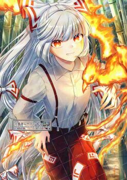 Rule 34 | 1girl, adversarial noise, alto2019, bamboo, bamboo forest, bird, bow, collared shirt, commentary request, fire, forest, fujiwara no mokou, grey hair, grey shirt, grin, hair bow, hand on own hip, highres, long hair, long sleeves, looking at viewer, multiple hair bows, nature, ofuda, ofuda on clothes, pants, phoenix, pyrokinesis, red eyes, red pants, sample watermark, shirt, smile, solo, suspenders, touhou, very long hair, watermark, watermark grid