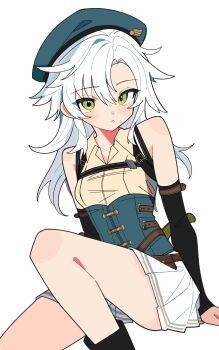 1girl absurdres aqua_hat black_boots black_sleeves blush boots breasts commentary_request commission detached_sleeves dress_shirt eiyuu_densetsu fie_claussell green_eyes hair_between_eyes hat highres kuro_no_kiseki_(series) kuro_no_kiseki_i long_hair miniskirt pixiv_commission pleated_skirt rotoi_1234 sen_no_kiseki_(series) sen_no_kiseki_i shirt simple_background sitting skirt sleeveless sleeveless_shirt small_breasts solo underbust white_background white_hair white_shirt white_skirt