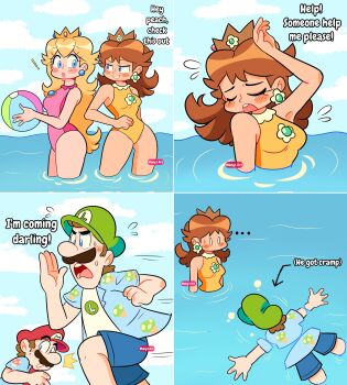 ! ... 2boys 2girls 4koma ^^^ absurdres armpits arrow_(symbol) artist_name ball bare_arms bare_legs bare_shoulders beach beachball blank_eyes blonde_hair blue_eyes blue_shorts blue_sky blush breasts brown_hair closed_eyes closed_mouth cloud comic cramp crown day earrings english_text facial_hair floral_print flower_earrings flying_sweatdrops grin groin hat hawaiian_shirt helping highres holding jewelry legs leotard lips long_hair looking_at_another luigi manysart1 mario mario_&amp;_sonic_(series) mario_&amp;_sonic_at_the_london_2012_olympic_games mario_&amp;_sonic_at_the_olympic_games_(2007) mario_(series) md5_mismatch medium_breasts multiple_boys multiple_girls mustache nintendo ocean one-piece_swimsuit open_clothes open_mouth open_shirt outdoors partially_submerged pink_leotard pink_lips pink_one-piece_swimsuit princess_daisy princess_daisy_(gymnastics) princess_peach princess_peach_(gymnastics) shirt short_hair short_sleeves shorts sky sleeveless small_breasts smile spoken_ellipsis sweat sweatdrop swimsuit teeth upper_teeth_only wading water yellow_leotard