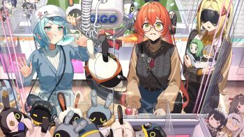 3girls :t against_glass alternate_costume anger_vein arcade bangboo_(zenless_zone_zero) belle_(zenless_zone_zero) bespectacled blonde_hair blue_cardigan breasts cardigan character_doll collared_shirt crane_game doll ellen_joe eous_(zenless_zone_zero) gigo glasses green_eyes guest_art hair_ornament hat isolde_(reverse:1999) long_hair magus_(zenless_zone_zero) mask mercury_(zenless_zone_zero) multiple_girls nao_(naoooo_a) open_mouth orange_hair orphie_magnusson overtimeboo_(zenless_zone_zero) pointy_ears ponytail ribbed_sweater robin_(zenless_zone_zero) seed_(zenless_zone_zero) shirt soldier_11_(zenless_zone_zero) sweater trigger_(zenless_zone_zero) turtleneck turtleneck_sweater white_hat ye_shunguang yixuan_(zenless_zone_zero) zenless_zone_zero