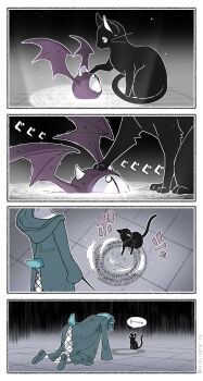 1girl absurdres all_fours animal aqua_hair aqua_shoes black_cat cat clothing_cutout comic commentary_request creature demon_wings depressed failure glowing goat_girl goat_tail hair_horns highres holding holding_wand hood hood_down hooded_robe horns light_particles long_sleeves magic magic_circle nervous_sweating on_floor one-eyed original partially_colored pushing pushing_down robe sarara_(yoasobi) shoe_soles shoes standing summoning sweat tail tail_through_clothes tile_floor tiles wand wings