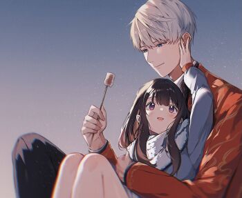 Rule 34 | 1boy, 1girl, black pants, blue background, blue coat, blue scarf, blush, brown hair, closed mouth, coat, couple, grey hair, hair between eyes, hand on another's cheek, hand on another's face, hetero, hug, hug from behind, long hair, love and deepspace, manatsuki manata, pants, parted lips, protagonist (love and deepspace), red coat, roasted marshmallow, scarf, short hair, smile, xavier (love and deepspace)