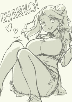 1girl :p breasts character_name closed_mouth commentary_request feet_out_of_frame greyscale gundam gundam_build_fighters gundam_build_fighters_try heart highres hyper_gyanko large_breasts looking_at_viewer medium_hair monochrome pas_(paxiti) sazaki_kaoruko sketch smile solo tongue tongue_out twintails