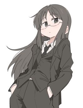 1girl absurdres alternate_costume black-framed_eyewear black_hair black_jacket black_necktie black_pants black_suit buttons collar collared_shirt commentary_request dot_nose dress_pants flat_chest formal_clothes glasses grey_eyes hands_in_pockets highres jacket long_hair long_sidelocks long_sleeves looking_at_viewer minakami_mai necktie nichijou pants parted_bangs semi-rimless_eyewear shirt sidelocks simple_background solo suit suit_jacket under-rim_eyewear white_background wichimi