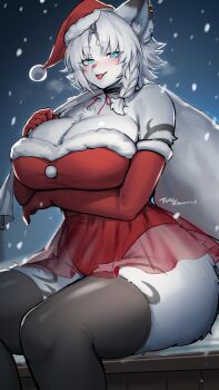 1girl :p animal_ear_fluff animal_ears animal_nose arm_markings arm_under_breasts black_thighhighs blue_eyes body_fur braid breasts cleavage commentary dress ear_piercing elbow_gloves fang furry furry_female gloves hat highres large_breasts original piercing red_gloves santa_costume santa_dress santa_hat short_hair sitting snout solo suurin_(ksyaro) tail thick_thighs thigh_marking thighhighs thighs tongue tongue_out two-tone_fur white_fur white_hair wide_hips