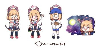 1girl ? achilles_(yosshyachillesd) alternate_costume animal_ear_headphones animal_ears baseball_cap baseball_glove baseball_uniform blonde_hair blue_archive blue_footwear blue_headwear blue_necktie blue_shorts blue_skirt blue_thighhighs blush boots bow cat_ear_headphones cat_ears cat_tail chestnut_mouth chibi collared_shirt commentary fake_animal_ears fist_pump full_body hair_bow halo handheld_game_console hat headphones highres holding holding_handheld_game_console jacket mechanical_tail medium_hair meme momoi_(blue_archive) multicolored_jacket multiple_views necktie nintendo_switch off_shoulder official_alternate_costume open_mouth pink_boots pink_bow pink_eyes pink_jacket pleated_skirt shirt shorts sidelocks skirt socks space space_cat_(meme) sportswear standing suspender_skirt suspenders symbol-only_commentary tail tearing_up thighhighs translated two-tone_jacket white_eyes white_jacket white_shirt white_socks