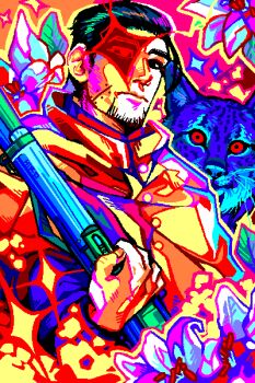 1boy artist_name beard black_hair coat eyepatch facial_hair facial_scar flower golden_kamuy gun highres holding holding_gun holding_weapon itshirohi lynx male_focus microsoft_paint_(medium) ogata_hyakunosuke red_eyes scar scar_on_cheek scar_on_face solo weapon