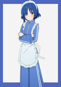 1girl alternate_costume apron blue_border blue_hair blue_pants blue_track_suit bocchi_the_rock! border crossed_arms enmaided hair_ornament hairclip highres jersey_maid long_sleeves looking_at_viewer loose_pants maid maid_headdress mole mole_under_eye pants parallel_hairclips short_hair simple_background solo track_pants track_suit unconventional_maid wanigi white_apron white_background yamada_ryo yellow_eyes zipper_pull_tab