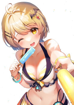 Rule 34 | 1girl, ;d, absurdres, ahoge, bare arms, bat hair ornament, bikini, bikini skirt, blonde hair, blue skirt, blush, blush stickers, bracelet, breasts, commentary request, fang, food, front-tie bikini top, front-tie top, hair ornament, hairclip, highleg, highleg bikini, highres, holding, holding food, holding popsicle, hololive, hololive summer 2023 swimsuit, incoming food, jewelry, large breasts, layered bikini, looking at viewer, midriff, navel, official alternate costume, one eye closed, open mouth, popsicle, ribbon, shinomiya shino (sinosino141), short hair, simple background, skirt, smile, solo, striped bikini, striped clothes, sweat, swept bangs, swimsuit, very sweaty, virtual youtuber, white background, white bikini, wrist ribbon, yellow bikini, yellow eyes, yozora mel