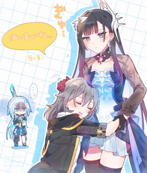 ... 3girls :d black_gloves black_hair black_jacket blue_dress blue_eyes breasts brown_thighhighs cerydra_(honkai:_star_rail) chibi closed_eyes closed_mouth crown dress gloves gradient_hair grey_hair grid_background hair_between_eyes half_gloves hand_on_another&#039;s_head highres honkai:_star_rail honkai_(series) hug hysilens_(honkai:_star_rail) jacket long_hair long_sleeves medium_breasts mini_crown multicolored_hair multiple_girls open_clothes open_jacket open_mouth purple_hair shirt short_sleeves smile sorimachi-doufu spoken_ellipsis standing stelle_(honkai:_star_rail) thighhighs trailblazer_(honkai:_star_rail) translation_request two-tone_hair very_long_hair white_dress white_shirt