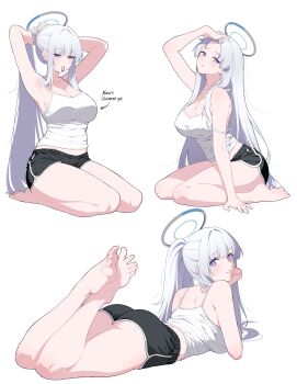 1girl absurdres alternate_costume alternate_hairstyle arched_back arm_up armpits arms_behind_head arms_up arrow_(symbol) ass bangs_pinned_back bare_legs bare_shoulders barefoot black_shorts blue_archive blush breasts camisole casual cleavage collarbone commentary_request covered_erect_nipples derivative_work dolphin_shorts english_text feet from_behind from_side full_body hair_intakes hair_slicked_back halo hand_in_own_hair highres large_breasts legs legs_up long_hair looking_at_viewer looking_back lying mechanical_halo midriff multiple_views noa_(blue_archive) on_stomach parted_lips ponytail purple_eyes purple_pupils reia_76 seiza short_shorts shorts simple_background sitting soles straight_hair strap_slip sweat the_pose thighs toenails toes tsurime tying_hair very_long_hair wariza white_background white_camisole white_hair white_halo